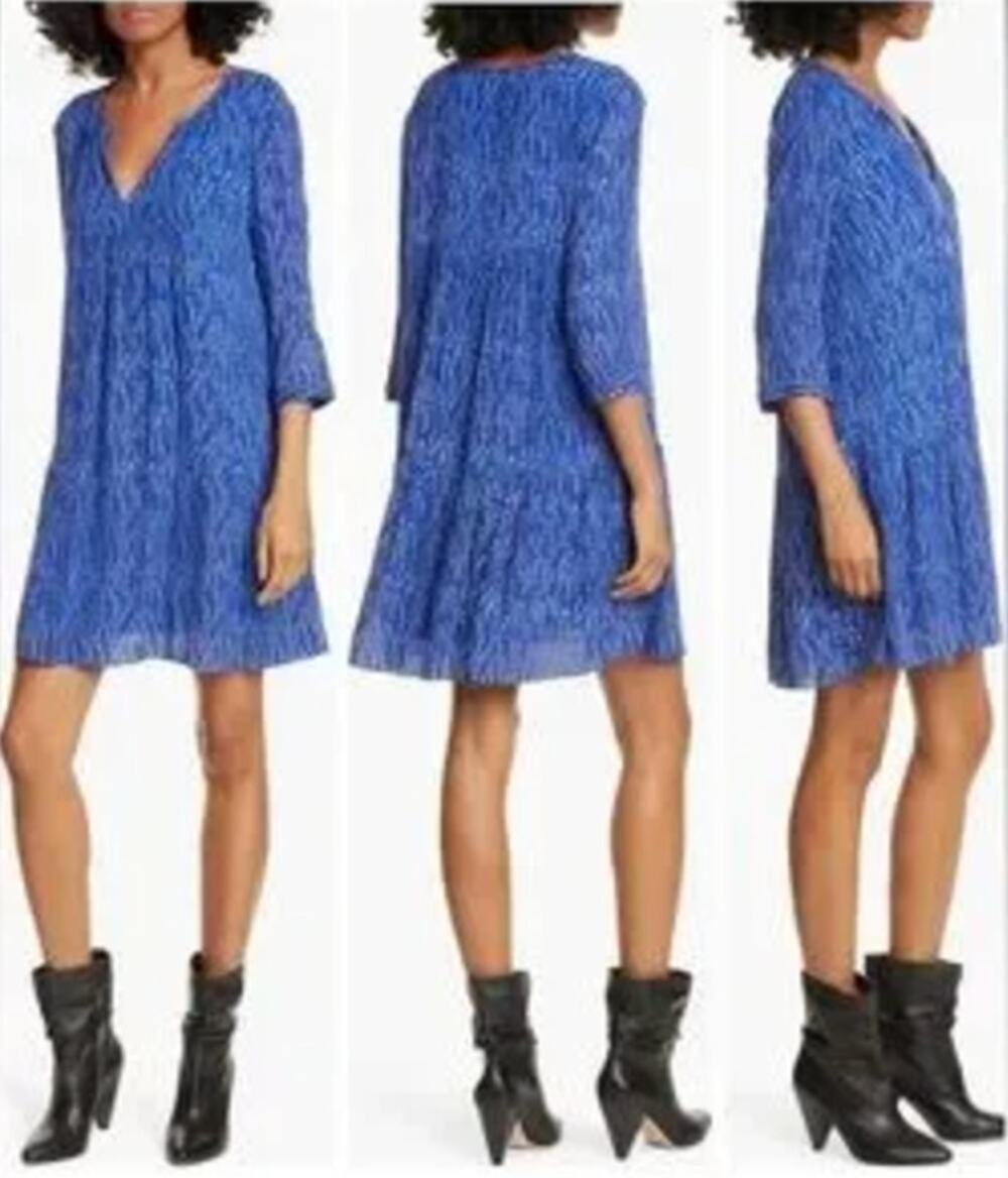 Ba&sh Blue Black Cale Leaf Print Long Sleeve Trapeze Dress